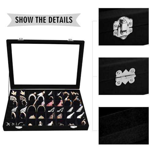 Siveit Velvet Jewelry Tray 48 Grid Jewelry Display Tray Organizer Box with Transparent Lid Rings Earrings Necklaces Pendants Display Box Suitable for Women and Girls (Black) - color: Black