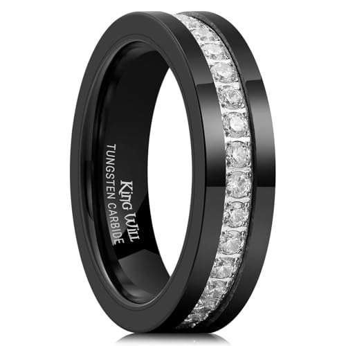 King Will Mens Tungsten Wedding Band with Cubic Zircon Inlay 7mm/8mm Flat Cut Comfort Fit Engagement Rings - color: Black&White-6mm-B