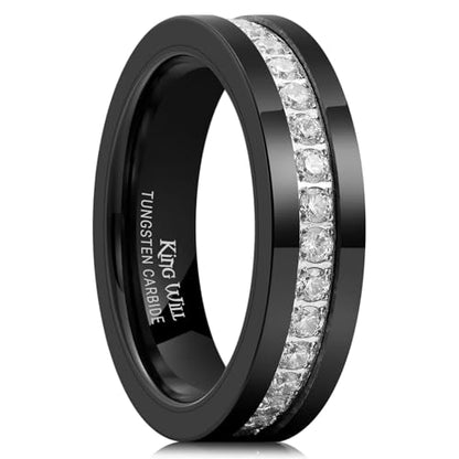 King Will Mens Tungsten Wedding Band with Cubic Zircon Inlay 7mm/8mm Flat Cut Comfort Fit Engagement Rings - color: Black&White-6mm-B