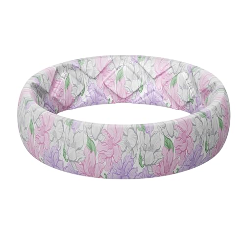 Egnaro Silicone Statement Ring Women, Floral Patterned Rubber Wedding Band | 5.2mm Wide 2mm Thick Printed Style, Inner Arch and Breathable X Grooves for Gym Workout Travel Work Pregnancy Daily Wear - color: SETL-Watercolor Lilac