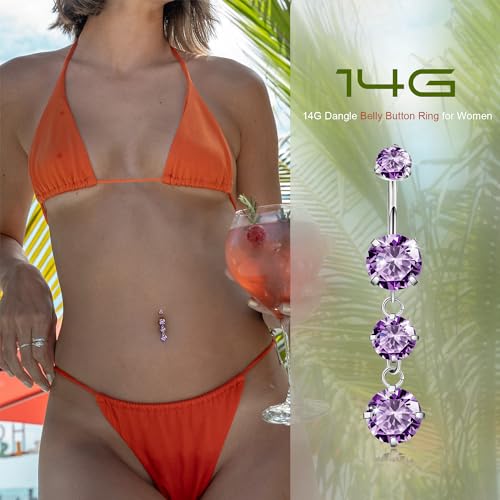 G23 Titanium Dangle Belly Button Rings for Women Dangling Navel Rings CZ Belly Rings Curved Barbell Internally Threaded Belly Piercing Jewelry - color: Purple