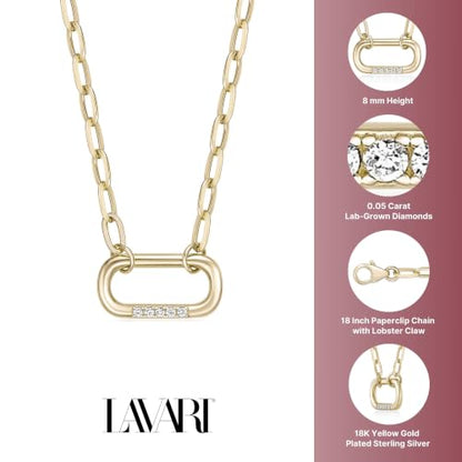 Lavari Jewelers Lab Grown Diamond Paperclip Pendant Necklace for Women - 18k Yellow Gold Plated Sterling Silver Link Necklace for Her - 18 Inch Chain (F-G, VS1-VS2, 0.045 cttw) Lobster Claw