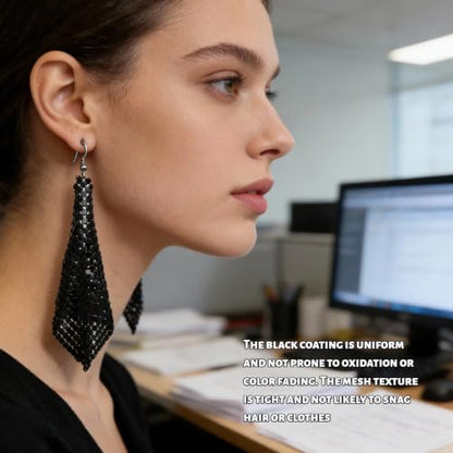 Mesh Sequin Tassel Long Drop Earrings for Women, Lightweight Metal Grid Fringe Dangle Earrings, Colorful Sparkly Alloy Wedding Bridal Party Jewelry (1 pair) - color: Black
