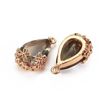 FASHEWELRY 50Pcs Faceted Teardrop Glass Charms Transparent Crystal Drop Pendants with Light Gold Brass Flower Setting for DIY Bracelet Necklace Earring Jewelry Craft Making - color: Dark Khaki