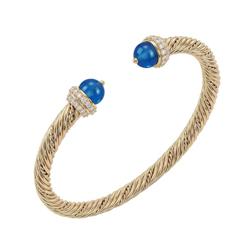 Fettero Gold Cuff Bangle Bracelets for Women - Adjustable Open Cuff Bangles 14K Gold Plated Charm Twisted Cable Bangle Bracelet for Mom Dainty Jewelry Gift - color: Blue