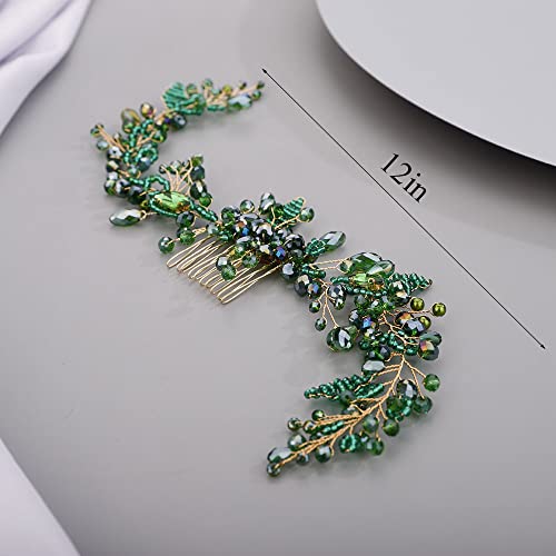 Chargances Wedding Crystal Beaded Hair Vine Comb Bridal Long Pearl Leaf Hair Vine Comb Green Rhinetone Handmade Headpiece Hair Accessories for Wedding Prom Flower Girl (Green) - color: Green
