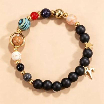 Solar System Planet Bead Zodiac Sign Stretch Bracelet for Men Women | Matte black beads with solar system planet stones, unisex design, perfect birthday holiday gift for men women - color: aries
