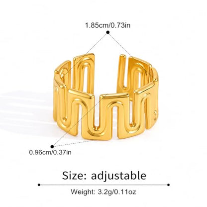 Gold Open Ring Stainless Steel Geometric Wide Band Adjustable Statement Ring for Women Daily Party Jewelry - color: B0104-Golden