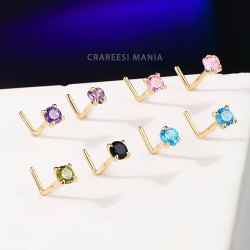 14K Real Gold Nose Studs 20G Nose Rings Studs L Shaped Nose Rings for Women Men Diamond CZ Nose Piercing - color: Yellow Gold-Round BKCZ