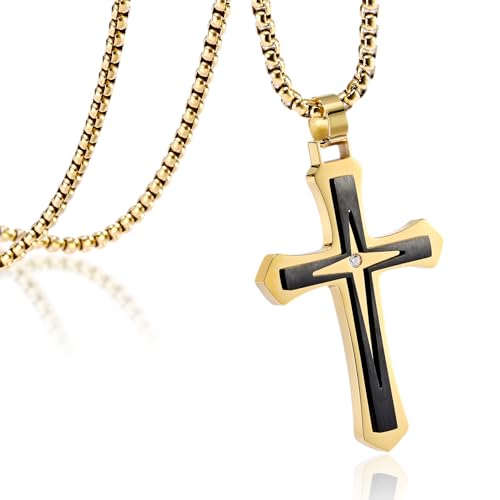 MOOSKI Cross Necklace for Men Stainless Steel Christ Jesus Jewelry 24"Chain | Religious christ Pendant ,Adjustable Rolo Chain,Gold Silver/Black Christian Jewelry Gift Women Men - color: Gold&Black