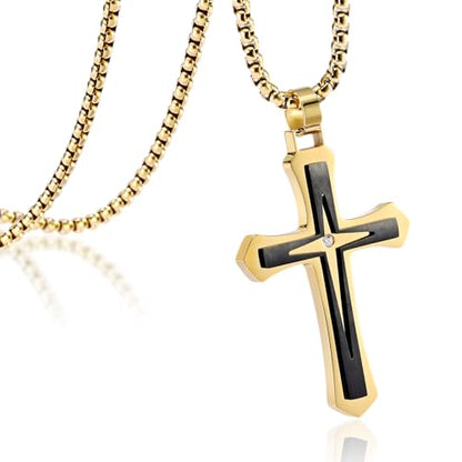 MOOSKI Cross Necklace for Men Stainless Steel Christ Jesus Jewelry 24"Chain | Religious christ Pendant ,Adjustable Rolo Chain,Gold Silver/Black Christian Jewelry Gift Women Men - color: Gold&Black