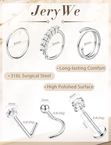 JeryWe Nose Rings for Women - 14K Gold Filled Hypoallergenic Surgical Steel Nose Ring Hoops CZ Lip Ring Screw L Shaped Studs Threadless Flat Back Stud Nose Piercings Jewelry for Women Men - style: Steel-CZ
