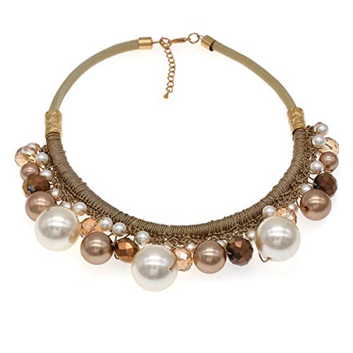 utop JNF Hand made Pearl Statement Necklace for Women Rhinestone Multilayer Crystal Necklaces Chunky Pearl Necklace Large Pearl Necklace and Earrings Set for Mother Mom's gift - color: champagne pearl necklace leather