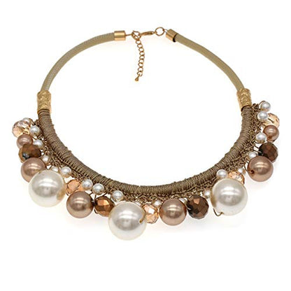 utop JNF Hand made Pearl Statement Necklace for Women Rhinestone Multilayer Crystal Necklaces Chunky Pearl Necklace Large Pearl Necklace and Earrings Set for Mother Mom's gift - color: champagne pearl necklace leather