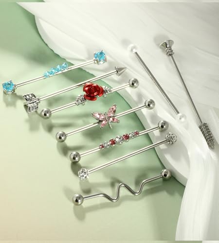 TIANCI FBYJS 7-16pcs 14G Stainless Steel Industrial Piercing Barbell Earring Cartilage Body Jewelry 38mm 1&1/2 Inch Industrial Piercing Bar for Women Men Snake Chain Dangle - color: new set mix color