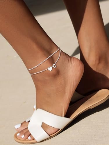 Suplight Initial Ankle Bracelets for Women 14K Gold Plate Waterproof No Tarnish Anklets Layered Heart Letter Anklet Adjustable Plus Size Foot Chain Summer Beach Boho Jewelry Silver Black 8.5-10 Inch - color: Silver, style: 14.N