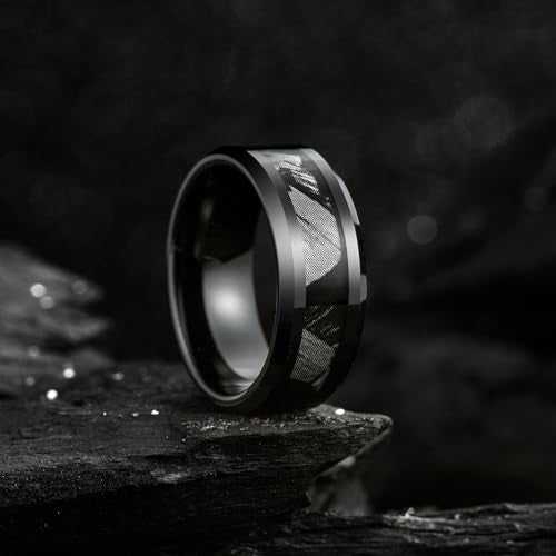 King Will Tungsten Wedding Band Wood Inlay for Men Black Beveled Edge | Black, 8mm, Beveled Edge, Comfort Fit, Wood inlay, Promise Gift - color: Black-Gray