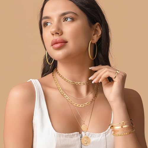 Ecally Bohemian Western Jewelry Turquoise Set Women Country Pendant Long Choker Layered Bracelets Earrings Ring for Women - color: Gold, style: Layered