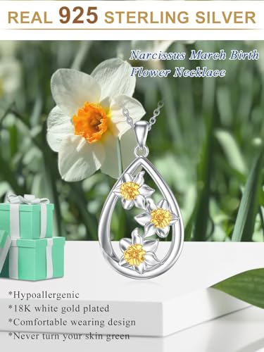 12 Month Birth Flower Necklace for Women 925 Sterling Silver Floral Teardrop Pendant Birthday Jewelry Gifts - color: 03. March Daffodils
