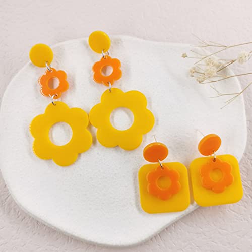 Handmade Acrylic Flower Earrings - Bohemian Double Daisy Drop Resin Flowers Dangle Earrings for Women Girls 70s 80s Party Accessories - color: orange+yellow