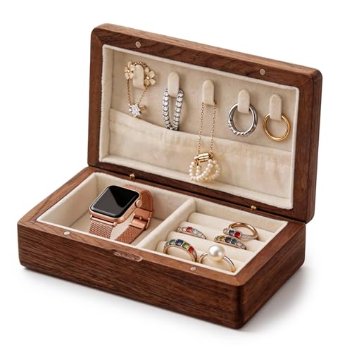 Small Wooden Jewelry Box | Versatile Mens Jewelry Box with Earring & Ring Organizer for Travel & Vanity Display