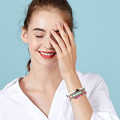 GOOJIDS Surfer Heishi Clay Bead Bracelets for Women Bohemian Stackable Gold Plated Beaded Stretch Bracelets Elastic Layering Friendship Bracelets Set Boho Jewelry - color: C-White 5pcs