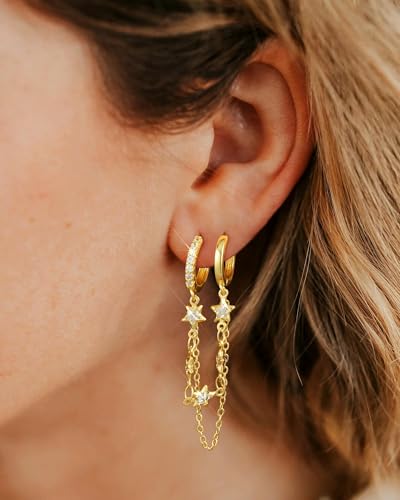 Tassel Chain Small Gold Hoop Dangle Earring For Women Huggie Earring Heart Star CZ 14K Gold Plated Fashion Jewelry Graduation Gift for Her Mothers Day Gifts for Mom - color: Double-Star-Gold