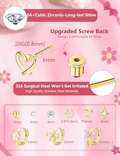 ORAZIO Hypoallergenic Earrings for Girls Women Kids Surgical Stainless Steel Screw Back Bow Heart Flower Stud Hoop Toddler Kids Earrings for Girls Sensitive Ears Over 4 Years Old - color: 9Pairs-gold girls earrings