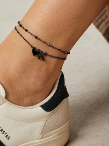 Silvora Ankle Bracelets for Women Waterproof 14K Gold/Silver/Black Initial Anklet for Women Dainty Layered Heart Ankle Bracelets Stainless Steel Adjustable Foot Chain Anklet Summer Beach Jewelry - color: K-Black