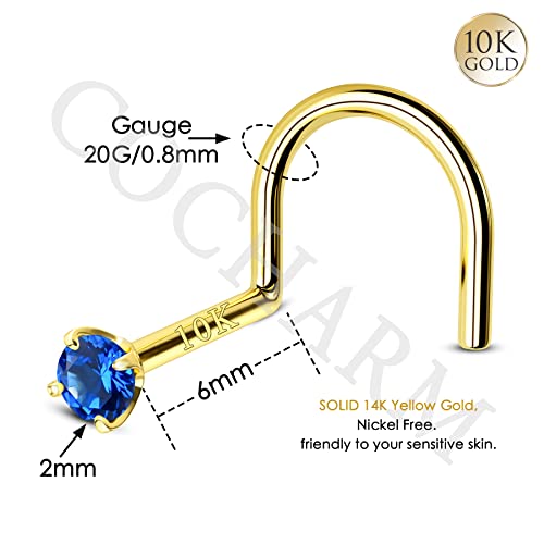 COCHARM 10k Solid Gold Clear CZ Nose Stud 20g 10K Yellow Gold Nose Screw Nose Rings Hypoallergenic S Shape Nose Piercing For Women Men - color: Navy