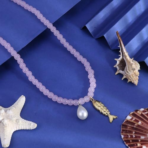 Fish Shell Necklace for Women, Beaded Necklaces Boho Statement Necklace, Pearl Necklaces Summer Beach Vacation Dress & Costume Jewelry - color: Pink- fish