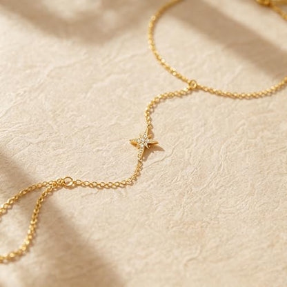 925 Sterling Silver Hand Chain Bracelet for Women | 14k Gold Plated CZ Crystal Heart Starburst Ring Bracelets Hand Chain Diamond Layered Stackable Link Chain Beach Jewelry Gifts - color: GoldA