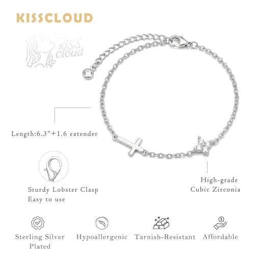 Bracelets for Women, Dainty Gold Silver Ring Bracelet Hand Chain | Cubic Zirconia Pearl Charms, 14K Gold Plated, Adjustable Fit, Trendy Stackable Link Chain, Waterproof Jewelry, Gift for Her - color: Silver-cross+clover charm bracelet