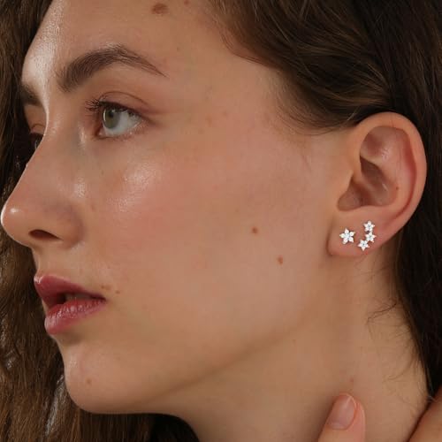 Stud Earring for Women, 14K Gold Silver Plated Hypoallergenic Studs Set | Trendy Cartilage Tragus Helix Clover Flower Earring Stack for Multiple Piercing, Dainty Cute Small Jewelry Gift, Non Tarnish - style: SL-Five-petal Flower