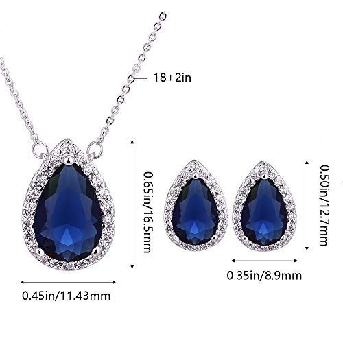 Women's Wedding Jewelry Set for Bride Teardrop CZ Necklace Earrings Set | Sterling Silver Pear Shape Necklace and Studs Crystal Rhinestone Costume Jewelry for Party Prom Bridesmaids - color: Sapphire