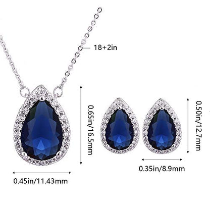 Women's Wedding Jewelry Set for Bride Teardrop CZ Necklace Earrings Set | Sterling Silver Pear Shape Necklace and Studs Crystal Rhinestone Costume Jewelry for Party Prom Bridesmaids - color: Sapphire