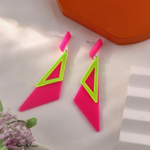Retro 80s Neon Earrings for Women Acrylic Triangle Neon Dangle Earrings Colorful Geometric Drop Earrings Glow Party Halloween Neon Earrings - color: Rose Red