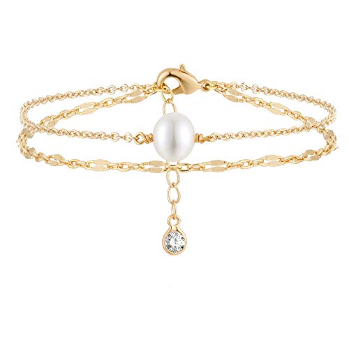MEVECCO Dainty Chain Bracelets for Women, Layered and Charm Styles | 14K Gold Plated Brass, Select Cubic Zirconia Accents, Single and Multi-Row Structures for Refined Everyday Wristwear - style: 2 Layer 1 Pearl Lace Chain