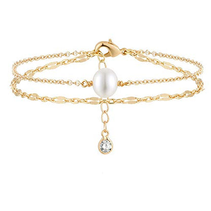 MEVECCO Dainty Chain Bracelets for Women, Layered and Charm Styles | 14K Gold Plated Brass, Select Cubic Zirconia Accents, Single and Multi-Row Structures for Refined Everyday Wristwear - style: 2 Layer 1 Pearl Lace Chain