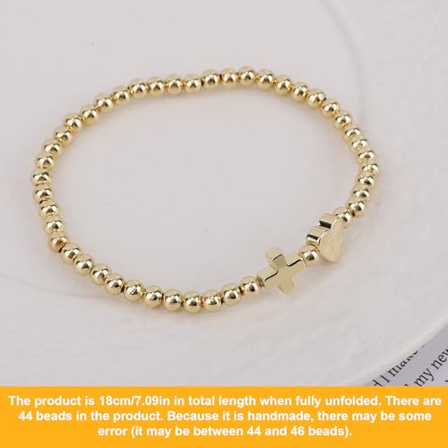 Mikovivi Women's Cross Bracelet with Initial Beads, Elastic Heart Alphabet Charm Stackable Beaded Bracelet Religious Christian Jewelry Gift - style: Letter T