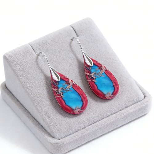 Boho Natural Imperial Jasper Teardrop Dangle Earrings for Women – Hypoallergenic French Hook Stone Drop Earrings Jewelry - color: Red Silvery Hook #2