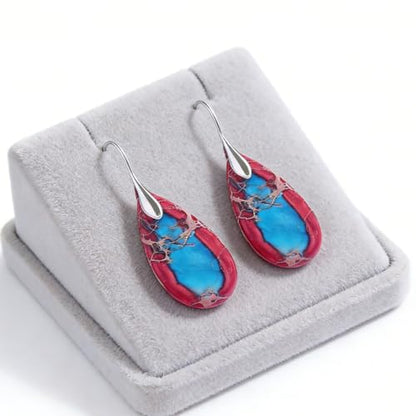 Boho Natural Imperial Jasper Teardrop Dangle Earrings for Women – Hypoallergenic French Hook Stone Drop Earrings Jewelry - color: Red Silvery Hook #2