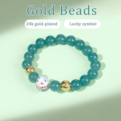 Real Gemstone Lucky Cat Bracelet Feng Shui Good Luck Wealth Charm | Blessed Genuine Gemstone with Brass Cat Pendant, 10mm Prayer Beads, Energy Protection for Wealth & Health, Spiritual Gifting - color: Blue