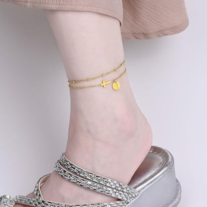 Gold Cross Ankle Bracelets for Women | Anklets for Women Waterproof with Initial Charm (A-Z) | Non Tarnish Summer Beach Jewelry Gifts for Her - color: Gold T