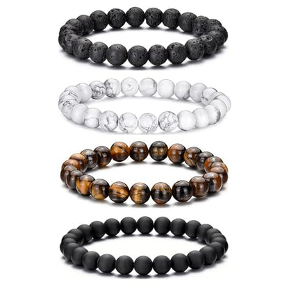 Mens Bead Bracelet Set - Adjustable Elastic Rope With 6&8MM Natural Stone Multi-Colored Beads - Tiger Eye Bracelets for Men - Gift - style: 4,white,black,tiger eye bracelet