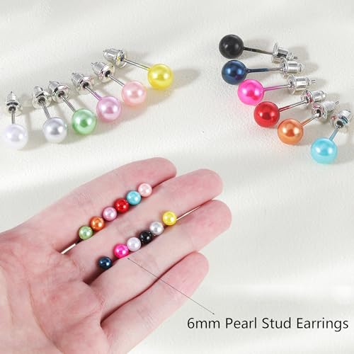 12 Pairs Colorful Pearl Stud Earrings for Women Stainless Steel Small Studs Set - color: 6mm