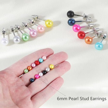 12 Pairs Colorful Pearl Stud Earrings for Women Stainless Steel Small Studs Set - color: 6mm