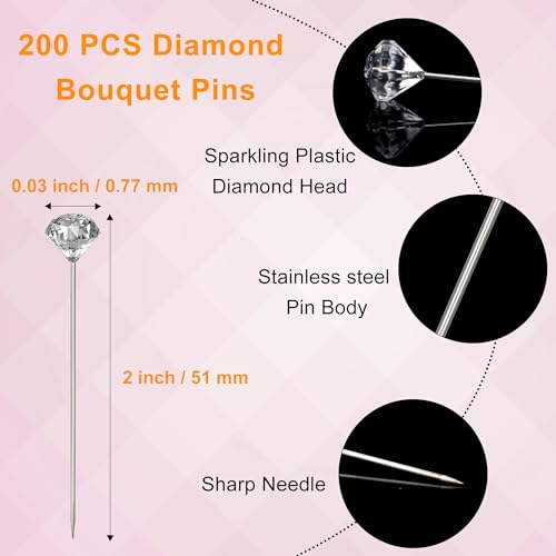 200 Pcs Diamond Bouquet Pins 2 Inches Corsage Pins Flower Pins Rhinestones Crystal Head Pins Straight Head Pins Clear Flower Pins for Wedding Bouquet Decoration Jewelry DIY Craft