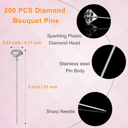 200 Pcs Diamond Bouquet Pins 2 Inches Corsage Pins Flower Pins Rhinestones Crystal Head Pins Straight Head Pins Clear Flower Pins for Wedding Bouquet Decoration Jewelry DIY Craft