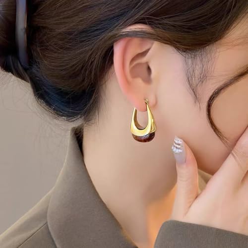 Vintage Amber Resin Hoop Earrings for Women Statement Chunky U-Shaped Brown Thick Dangle Huggie Stainless Steel Retro Trendy Earring Fashion Jewelry Gift for Her